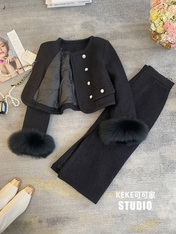 冬日2025新款加厚羽绒服千金名媛风仿狐狸毛外套半身裙小香套装女