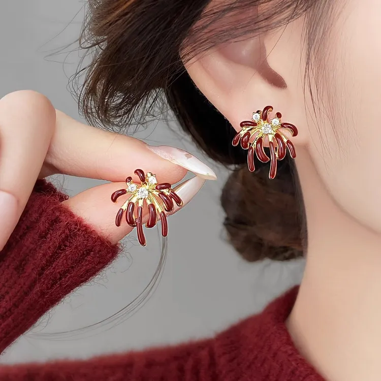 小众独特新年红色烟花耳环2025新款爆款高级感轻奢气质秋冬耳钉女