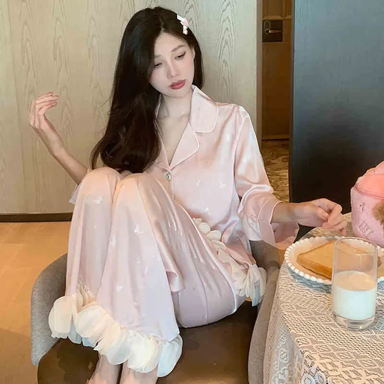 冰丝睡衣女春秋季甜美气质2025新款蝴蝶印花长袖套装可外穿家居服