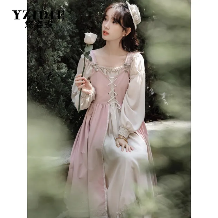 民国小洋装少女洛丽塔吊带裙长袖连衣裙两件套森系超仙裙子