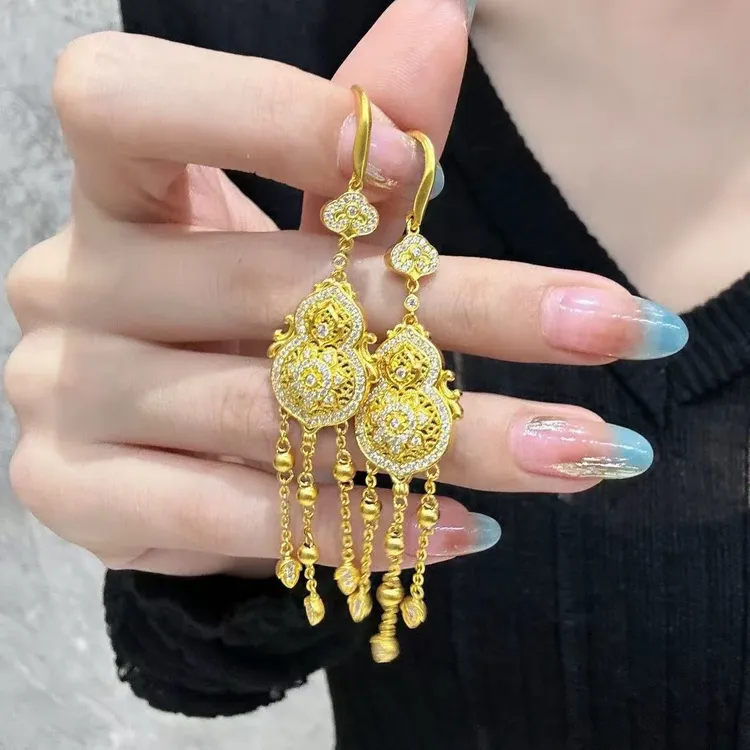 铜合金耳饰 金色人生四美花丝点钻福禄葫芦流苏耳环女