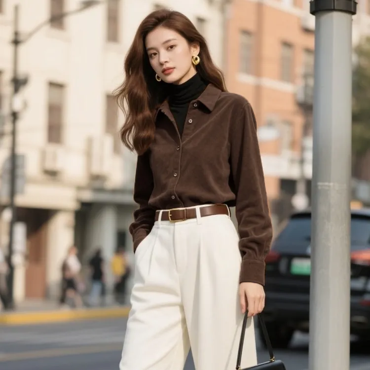 秋冬美拉德穿搭磨毛纯色女衬衫外穿长袖衬衣设计感小众高级感上衣