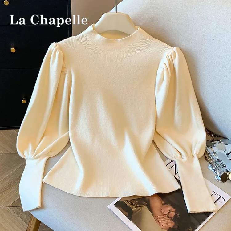 拉夏贝尔秋冬季半高领针织打底衫女高级感内搭毛衣法式灯笼袖上衣