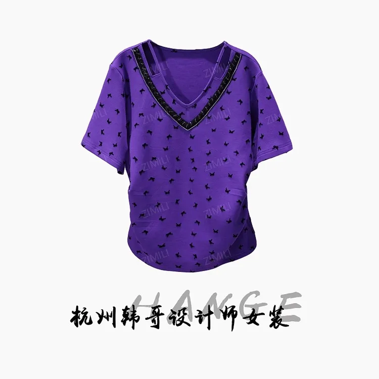 【韩哥女装】2025欧版重工设计罗兰紫钉珠时尚V领气质短袖9722-A2