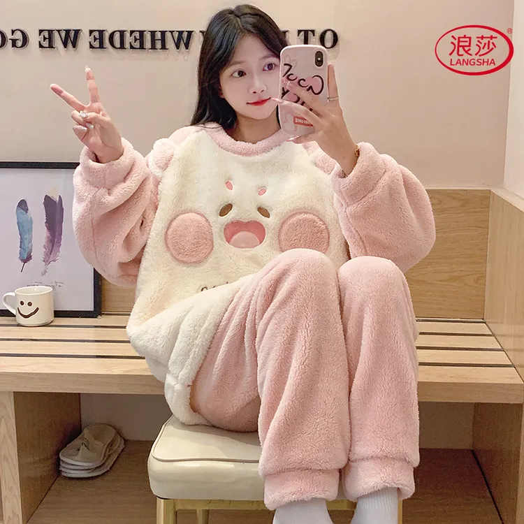 珊瑚绒睡衣女款冬加绒加厚睡衣女冬加厚加绒可外穿洋气冬天睡衣