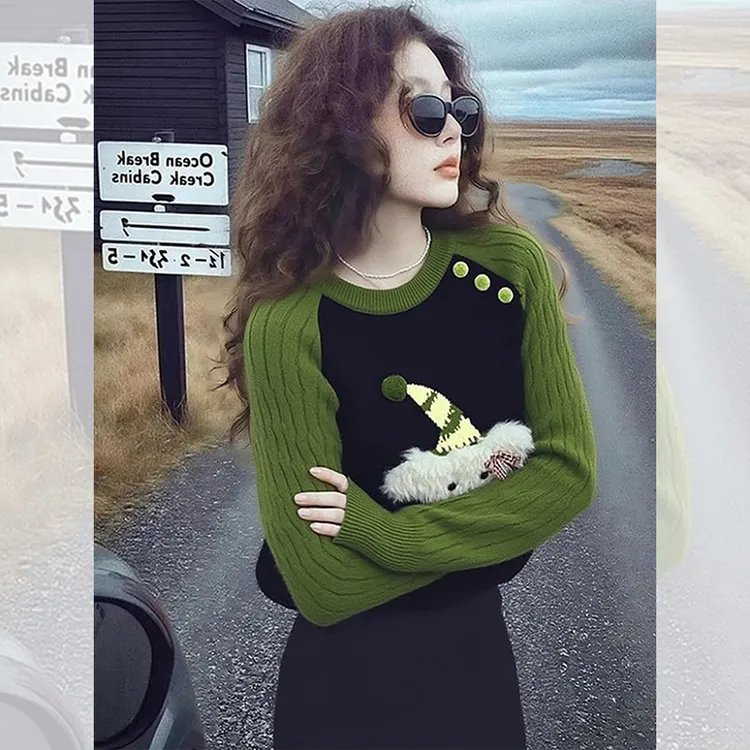 独特漂亮绿色刺绣内搭针织小衫上衣女装秋冬季穿搭洋气打底衫毛衣