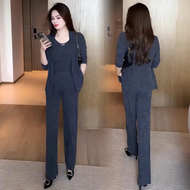 时尚休闲套装女春秋新款小个子开衫外套吊带阔腿裤洋气显瘦三件套