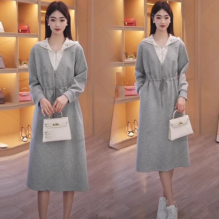 设计感蕾丝连帽连衣裙女2025春秋新款休闲气质假两件收腰卫衣裙子