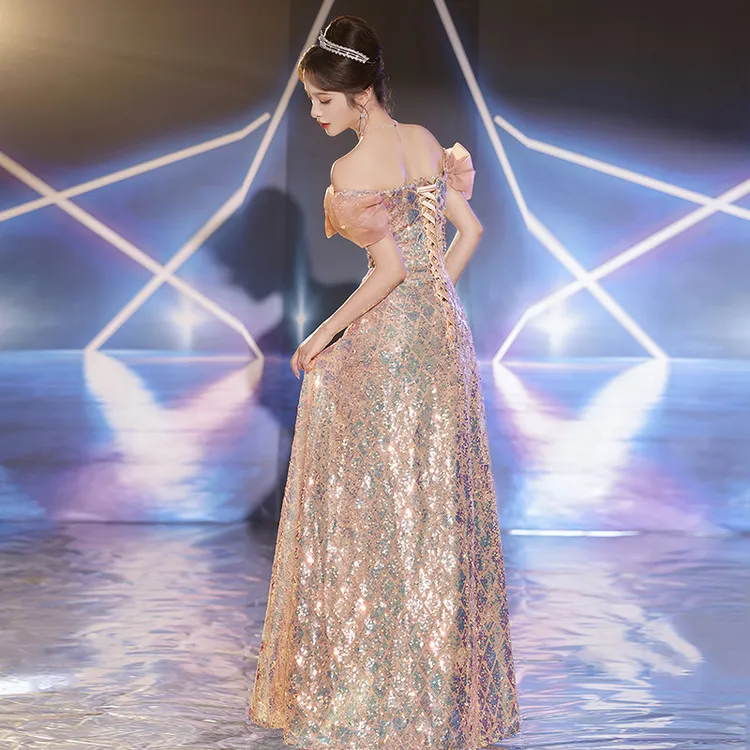 老钱风法式晚礼服女宴会气质轻奢学生艺考粉色亮片成人礼一字肩晚