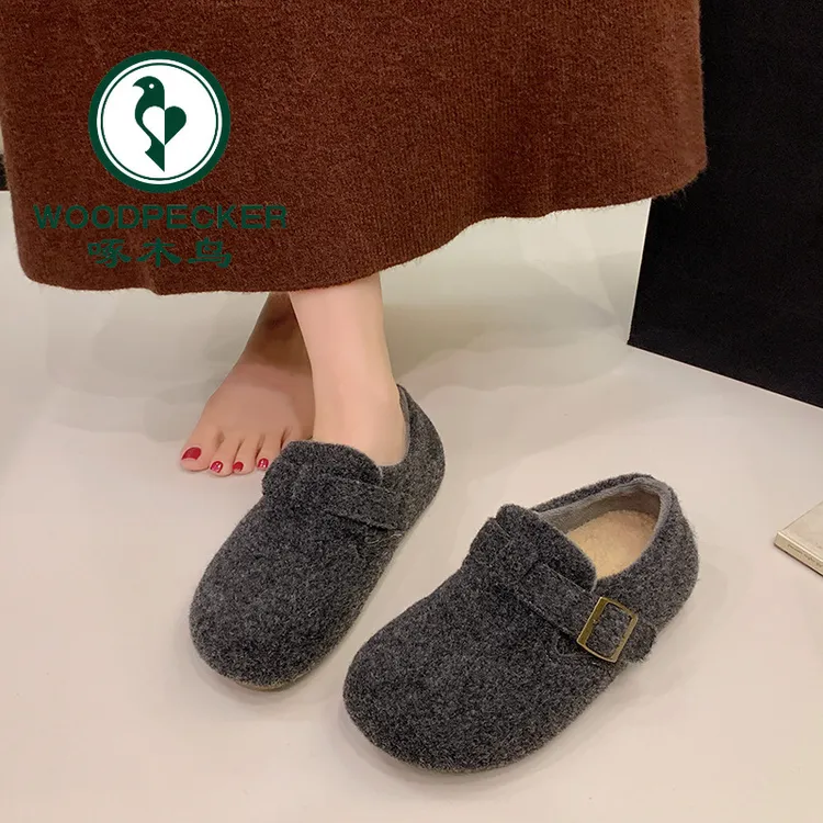 啄木鸟厚底灰色加绒勃肯鞋女2025秋冬新毛呢鞋小个子保暖博肯棉鞋