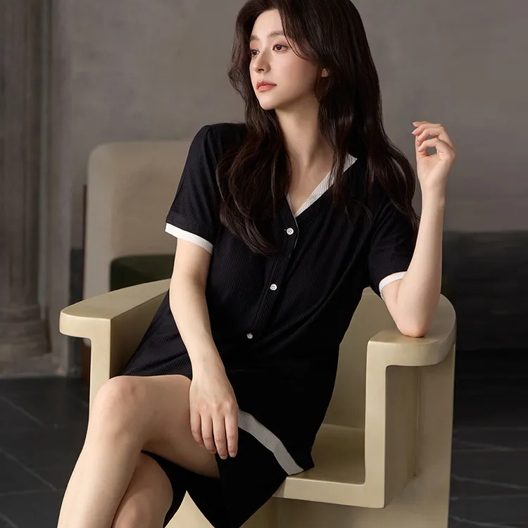 2025夏季睡衣女款莫代尔短袖短裤时尚休闲带胸垫家居服套装可外穿