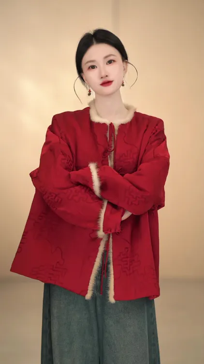 「年年」新中式秋冬款复古圆领对襟气质时尚提花上衣棉服中国风网红