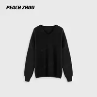 『PEACHZHOU』羊毛混纺针织落肩宽松V领毛衣简约纯色休闲百搭毛衫女