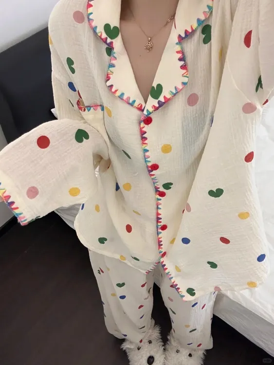 【DMXJ大梦想家】彩虹波点甜美可爱棉纱睡衣女春秋慵懒风家居服套装