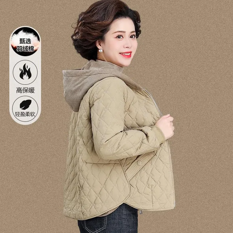 小个子妈妈秋冬夹棉外套洋气减龄中老年女冬装时尚连帽轻薄小棉袄