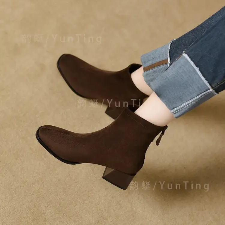 2025秋方头瘦瘦靴女粗跟后拉链弹力绒面短靴网红复古袜靴加绒裸靴