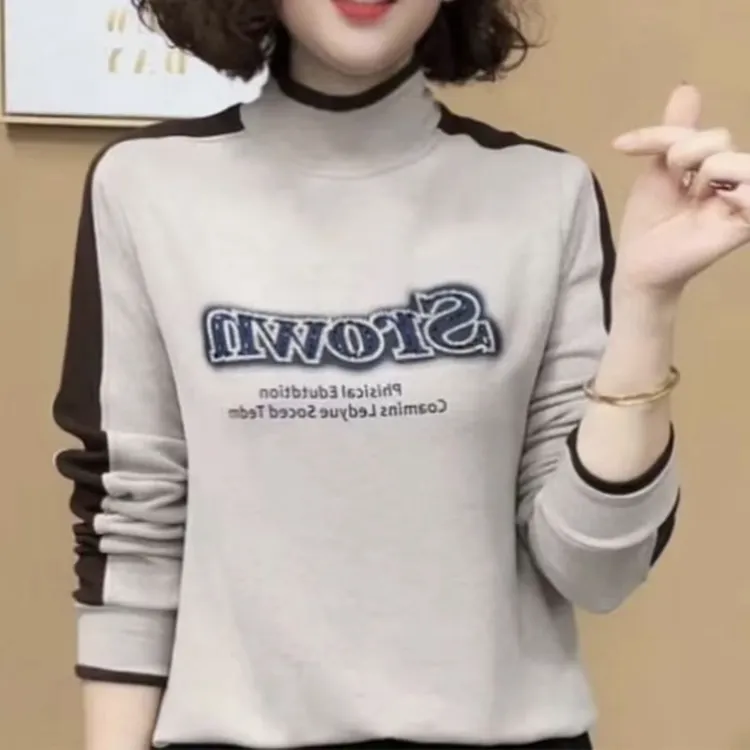 2025秋冬新款显瘦印花长袖打底女上衣时尚洋气百搭半高领妈妈装