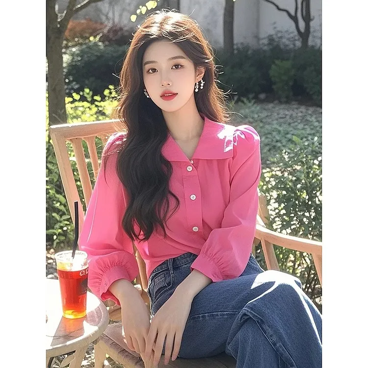 2025年爆款超好看独特漂亮小衫气质显瘦温柔chic韩系粉色衬衫上衣