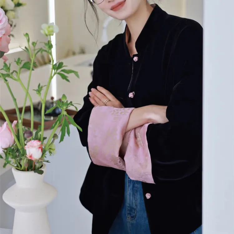 DY3035樱美嘉100桑蚕丝真丝丝绒两穿早秋新款上衣长袖外套新中式
