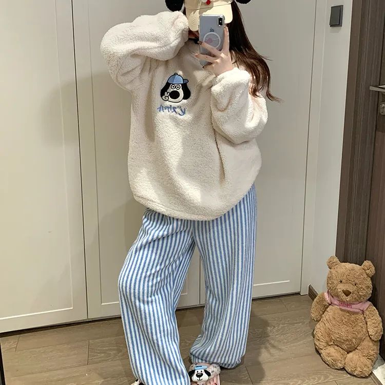 秋冬季保暖加厚米粒绒睡衣女套装长袖长裤圆领卡通小狗韩甜美ins