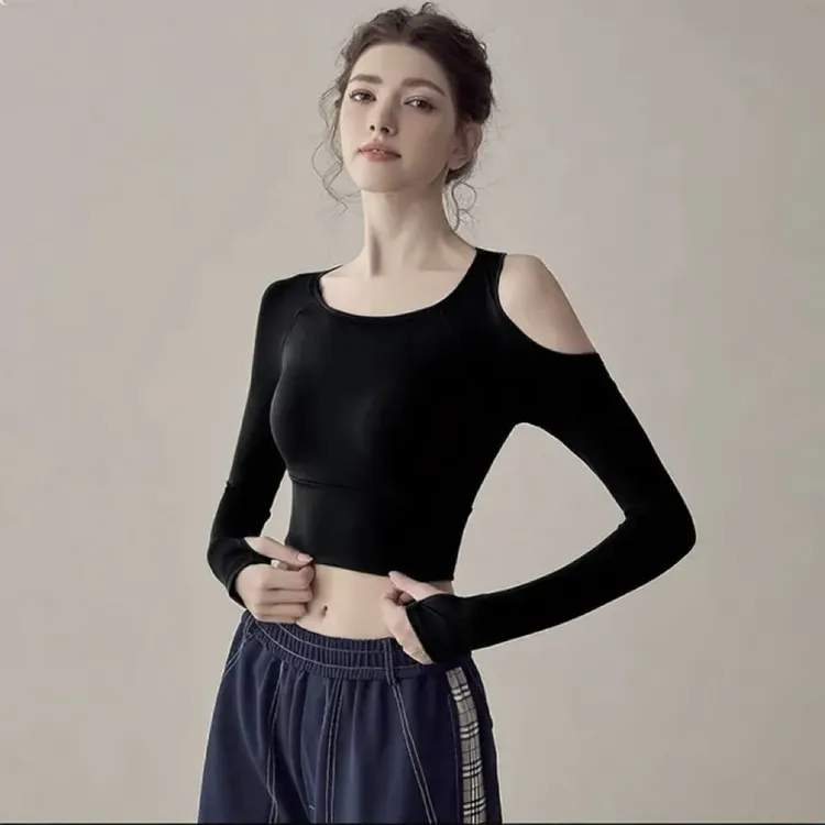 瑜伽服女春秋款露肩含胸垫健身衣显瘦专业运动紧身上衣可外穿