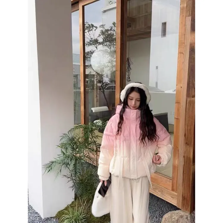 渐变色少女设计感加厚保暖连帽减龄棉服外套女百搭面包服棉袄洋气