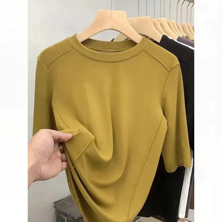 拉夏贝尔季大码中袖T恤女显瘦百搭半袖内搭修身打底衫上衣