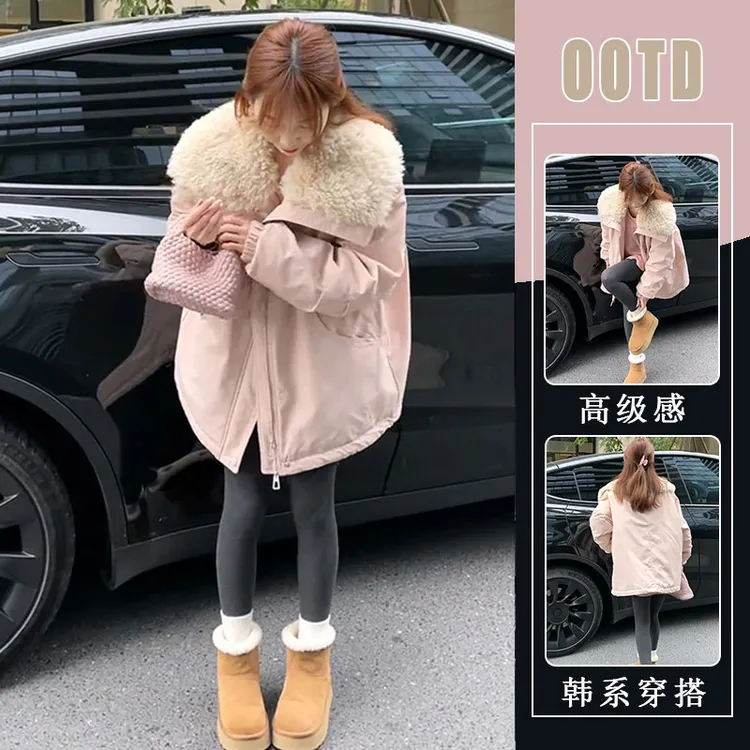 复古休闲百搭拼接羊羔翻领派克服2025冬季加厚保暖冲锋衣棉服外套