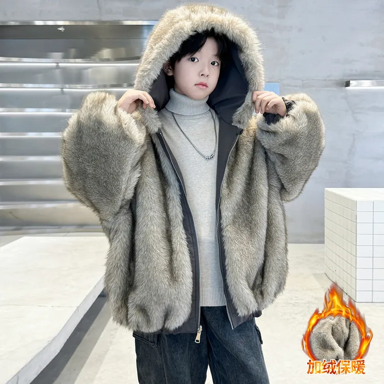 男童冬装加绒加厚外套2025新款儿童洋气两面穿中大童保暖连帽棉衣