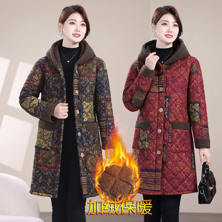 中年妈妈装冬季棉服加厚加绒棉衣外套女宽松连帽中长款棉袄棉