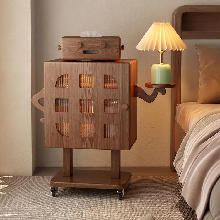 移动床头柜实木卧室带灯置物柜客厅创意边柜机器人儿童床边柜纸抽