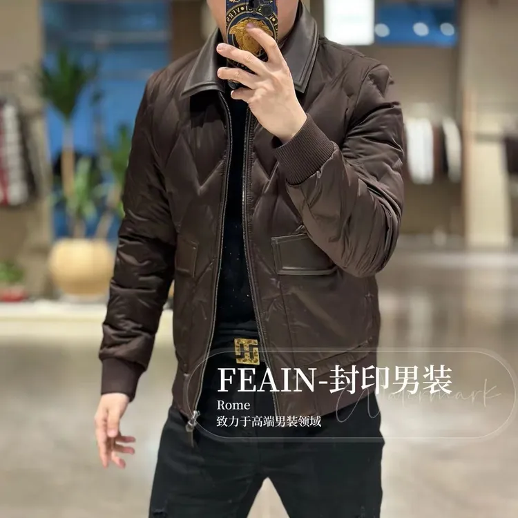 【鹅绒真皮拼接】高端定制真皮领可拆卸菱形格定位鹅绒服25327