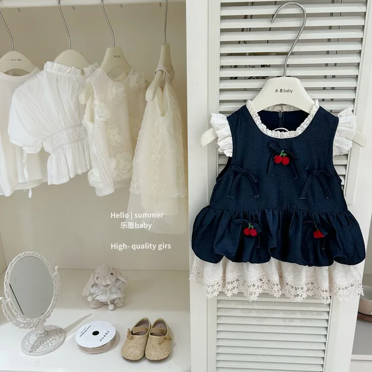 【现货】【乐恩baby】女童夏牛仔樱桃花边裙时髦洋气连衣裙背心裙子套