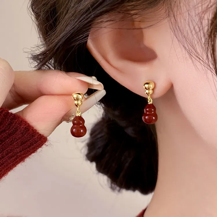 复古流苏红色福禄葫芦耳钉女秋冬新年耳饰精致