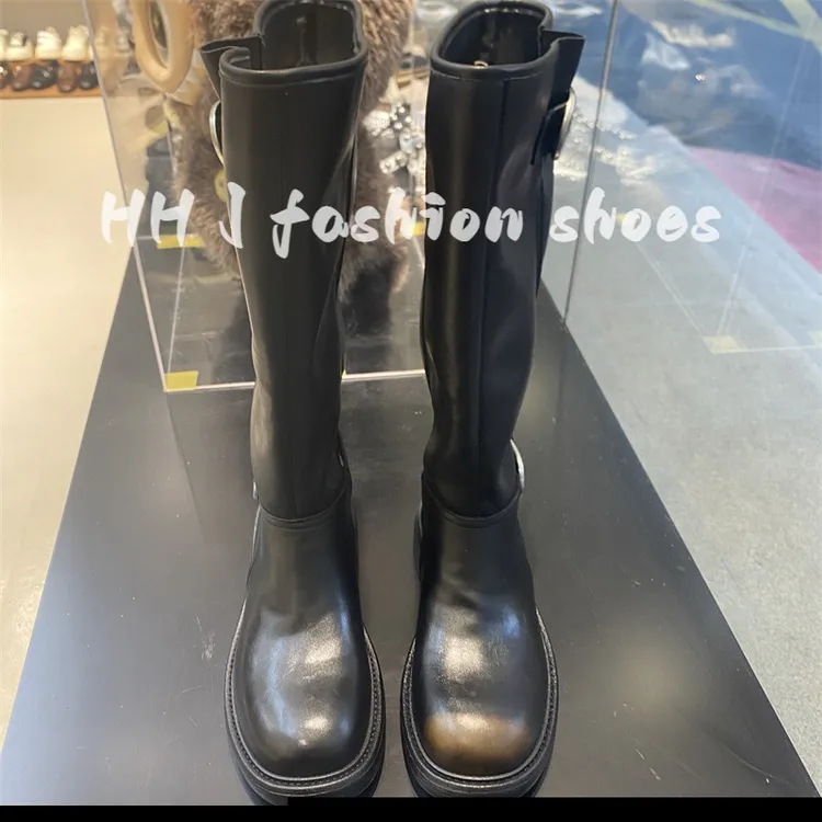 牛皮版厚底英伦风时装靴女皮带扣中筒靴堆堆靴骑士靴女圆头长筒靴