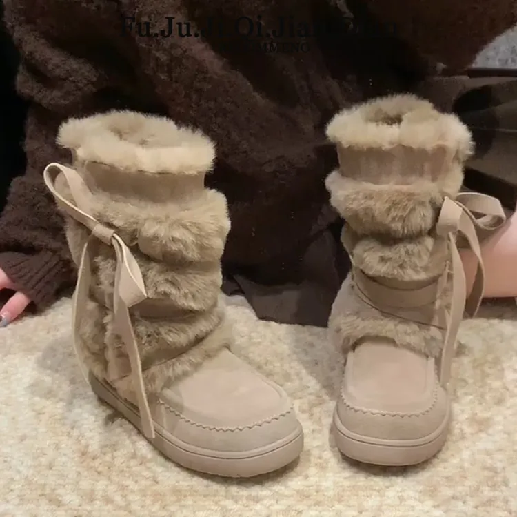 【万达撤柜】毛毛绑带雪地靴女款2025新款冬季短靴加绒加厚中筒靴