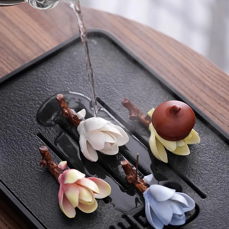 创意手工陶瓷玉兰花香插变色茶宠摆件新中式盖置茶桌工艺品茶摆件