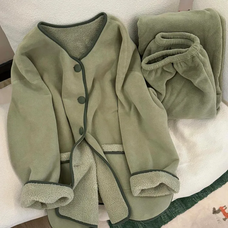 【抹茶绿小香风】可外穿珊瑚绒长袖睡衣女套装秋冬季加厚毛绒家居服