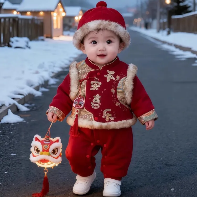 新中式喜庆宝宝衣服冬季加厚少爷连体衣唐装婴儿百天周岁拜年礼服