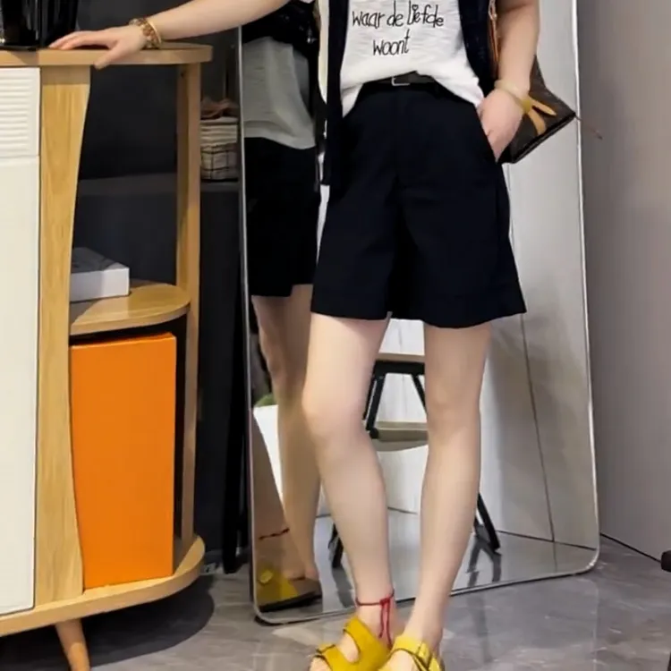 藏青色短裤女夏季2025新款高腰显瘦气质时尚百搭好看a字休闲裤子