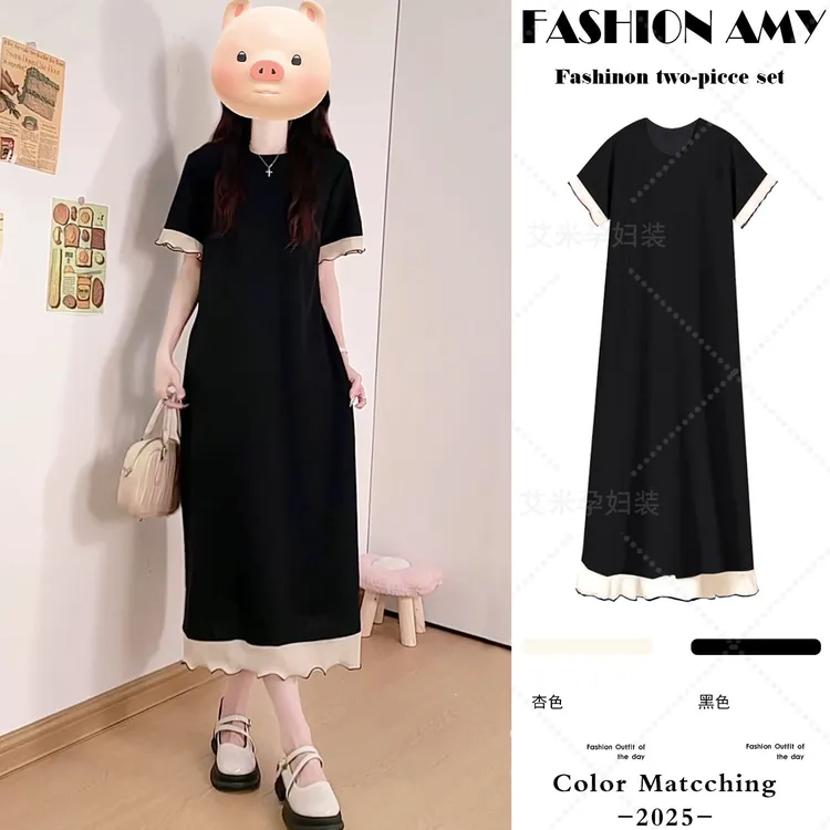 孕妇连衣裙夏季新款时尚韩版宽松大码休闲简约拼接显瘦T恤小黑裙1