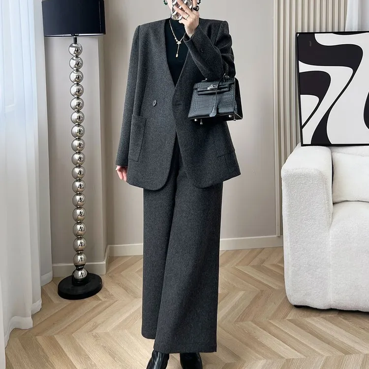 青竹雪毛呢套装女秋冬显瘦西装外套呢子大衣宽松阔腿裤两件套装