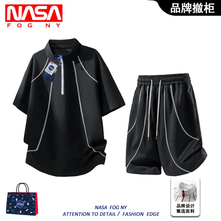 NASA潮流短袖套装男士夏季大码凉感透气半拉链t恤时尚短裤两件套