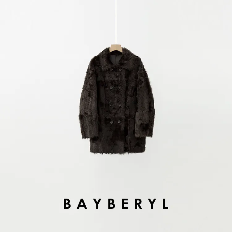 BAYBERYL老贝牧冬*湖羊卷毛翻领双排扣宽松一体皮衣PY5H2722-9/7