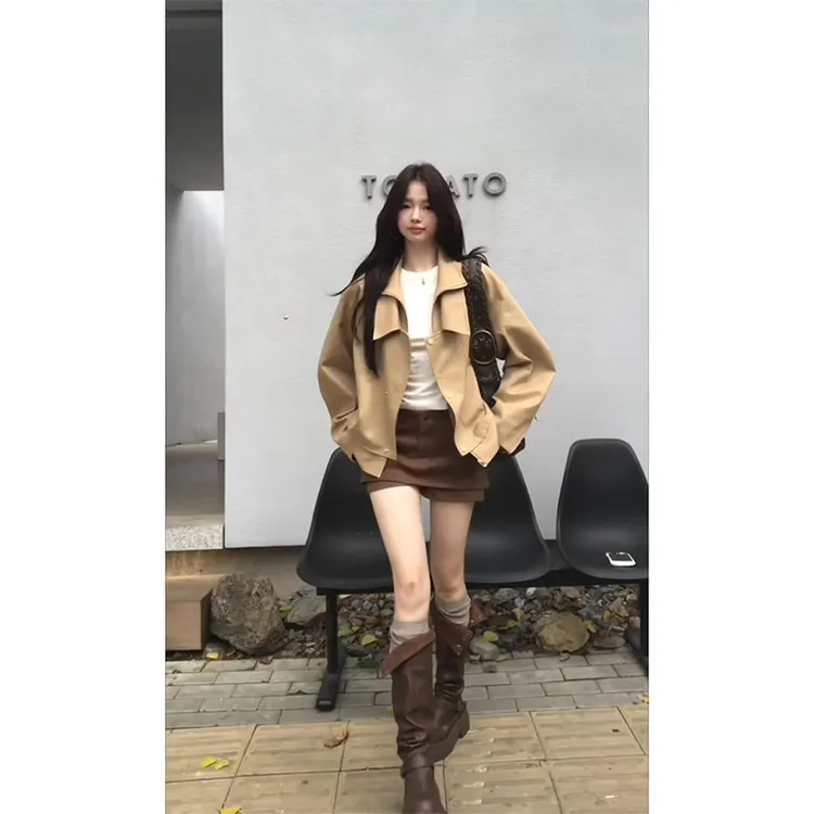 MARIE.COCO美式复古卡其色英伦风短款翻领风衣外套女咖色裙裤套装