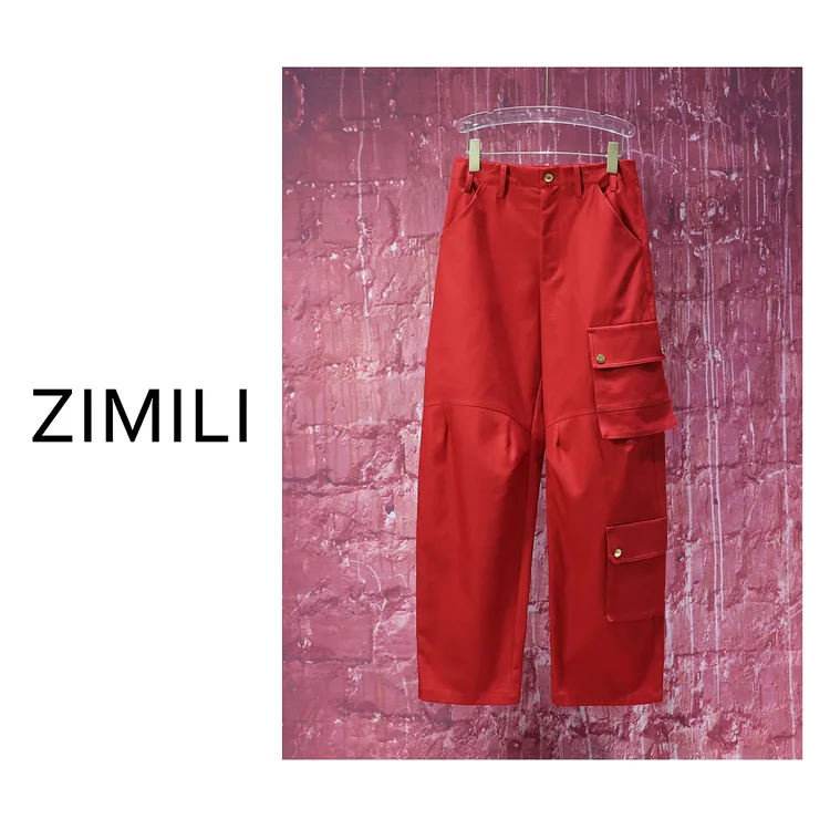 【亮哥女装】2025冬季新品《迎新》铁锈红大口袋工装风阔腿裤7160-H0