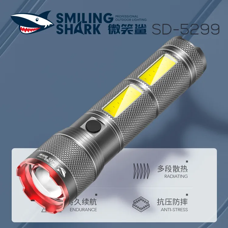 微笑鲨强光手电筒长续航可调焦大容量户外照明灯