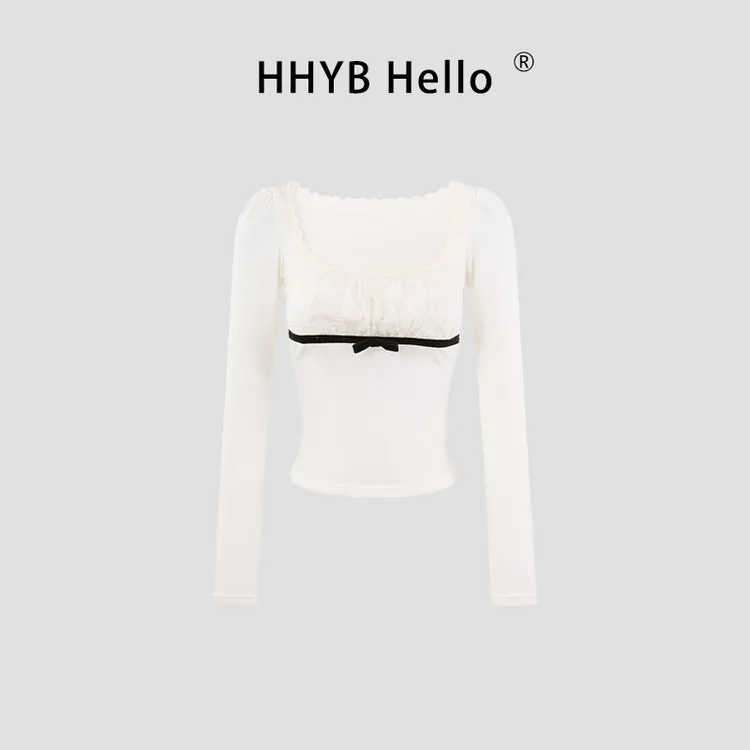 HHYB Hello2025秋方领泡泡长袖T恤女蕾丝拼接修身上衣250781