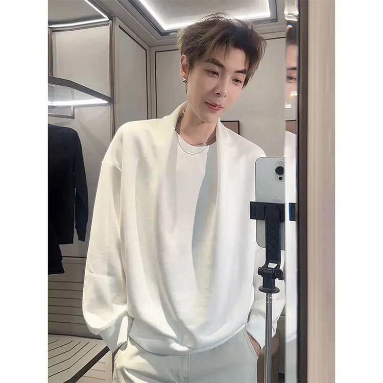 美式白色圆领卫衣男款秋季设计感立体坠感长袖上衣贵气内搭打底衫