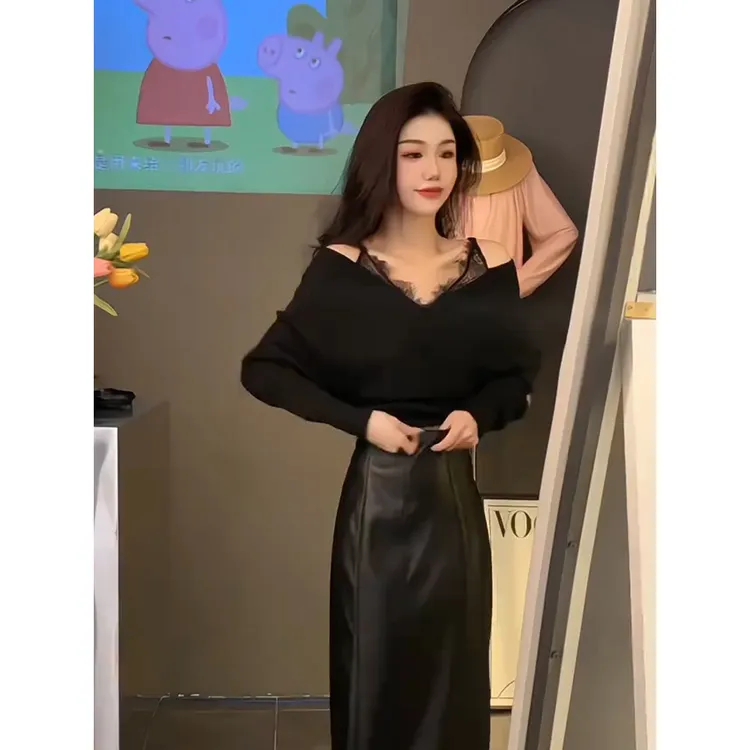 假两件黑色蕾丝拼接v领针织衫女秋冬一字肩修身内搭打底衫上衣
